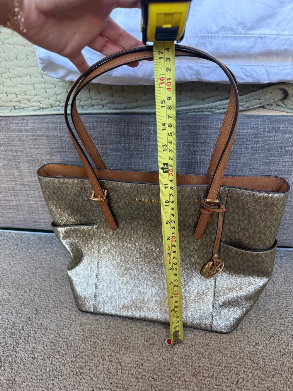 Michael Kors Metallic Gold Champagne Silver Logo Tote with Tan Straps